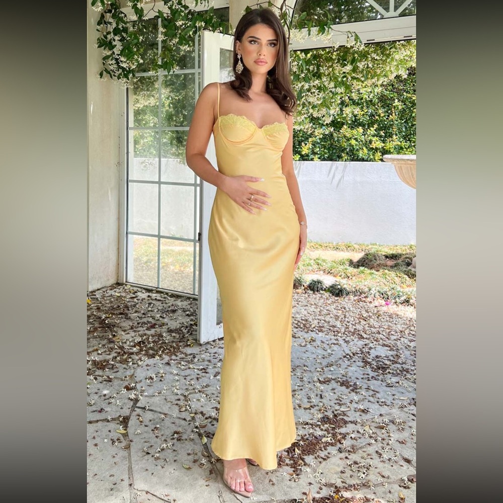 Beginning Boutique Yellow Satin Midi Dress - Picture 6 of 16